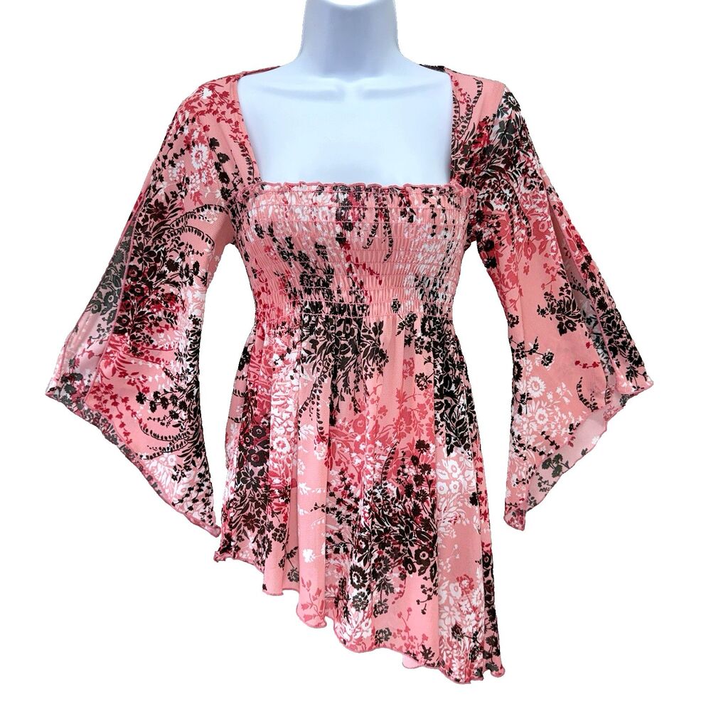 Y2K Fairy Top Size M Smocked Asymmetric Bell Sleeve Whimsi Ethereal Festival